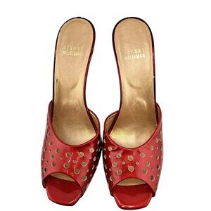 Stuart Weitzman Red Patent Leather Perforated Platform High Heel Mules 7.5 Peep